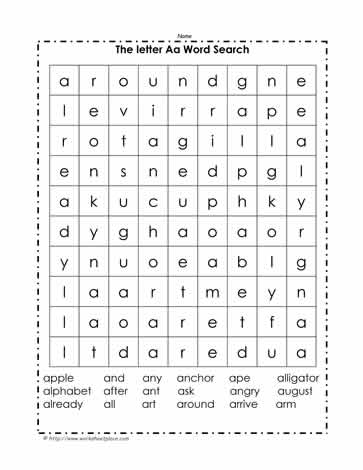 Words Beginning with A Wordsearch